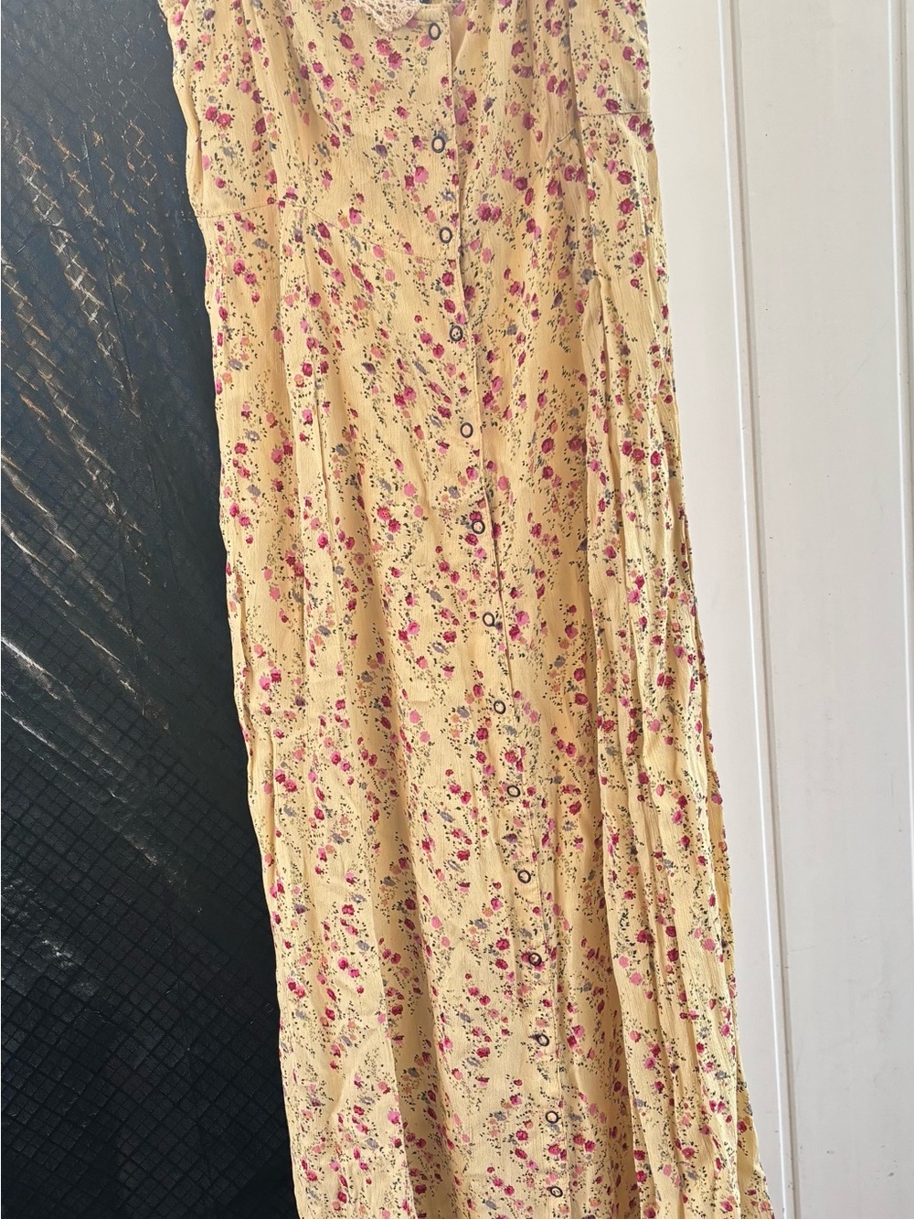 Ecote Yellow Maxi Skirt with Pink Floral Print lace trim sweetheart neckline